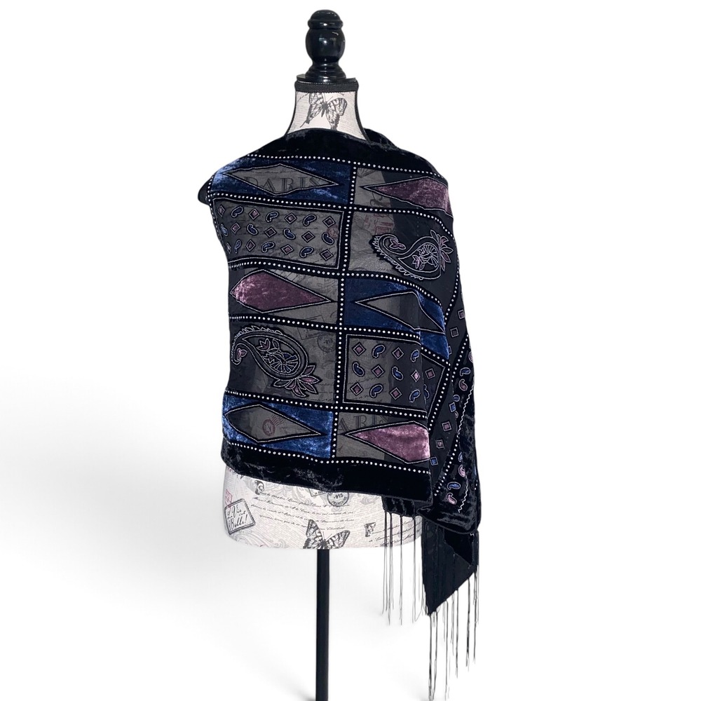 Velvet Burnout Wrap Shawl Womens OS Black Blue Purple Paisley Fringe